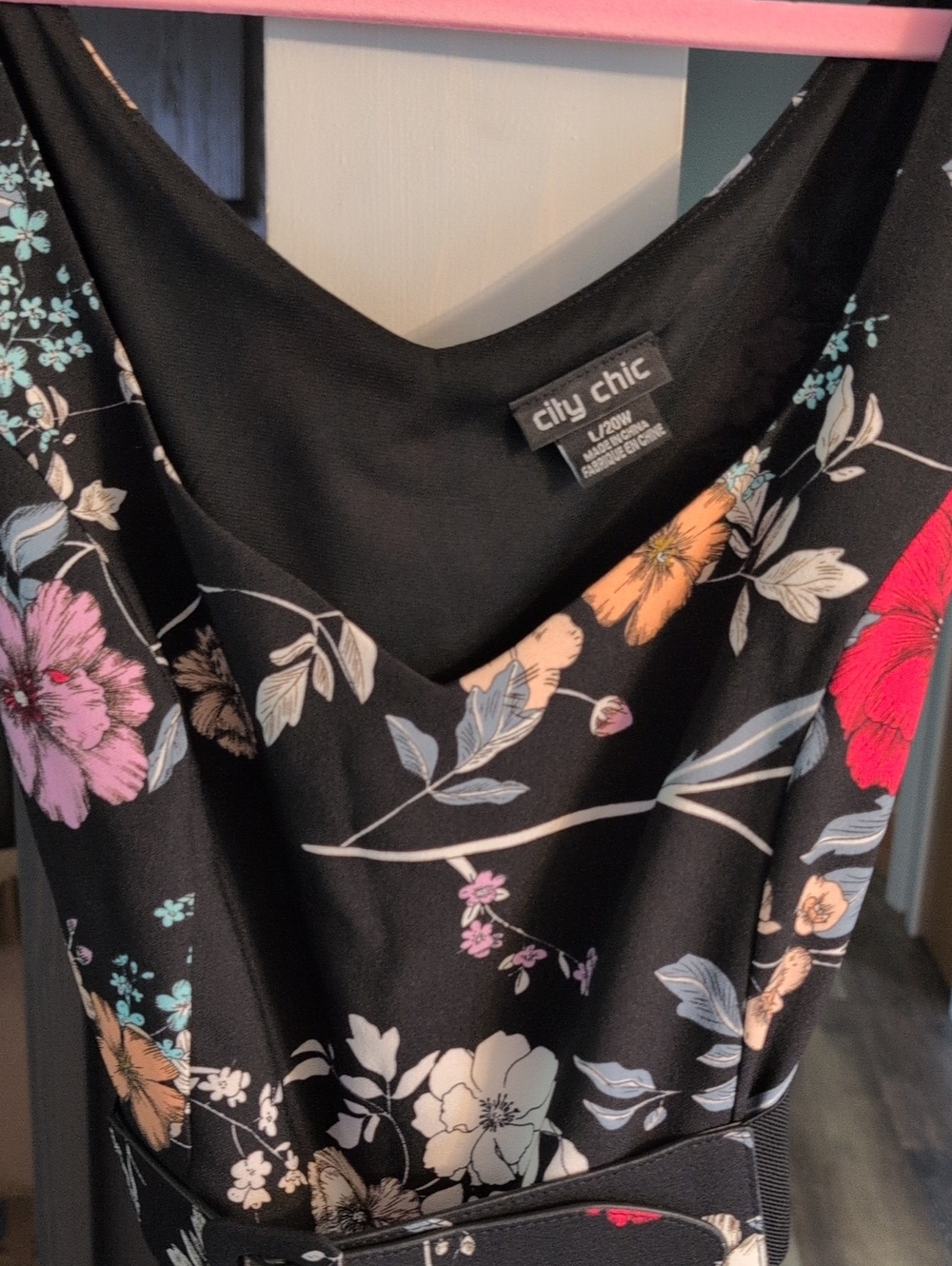 City Chic Black Floral Midi Dress with Multicolor Blooms With Belt.